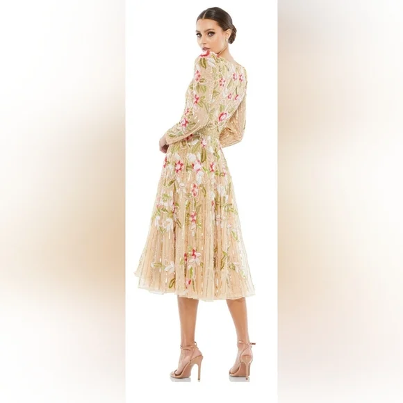 Mac Duggal 5415 Floral Beadwork Long Sleeve Dress